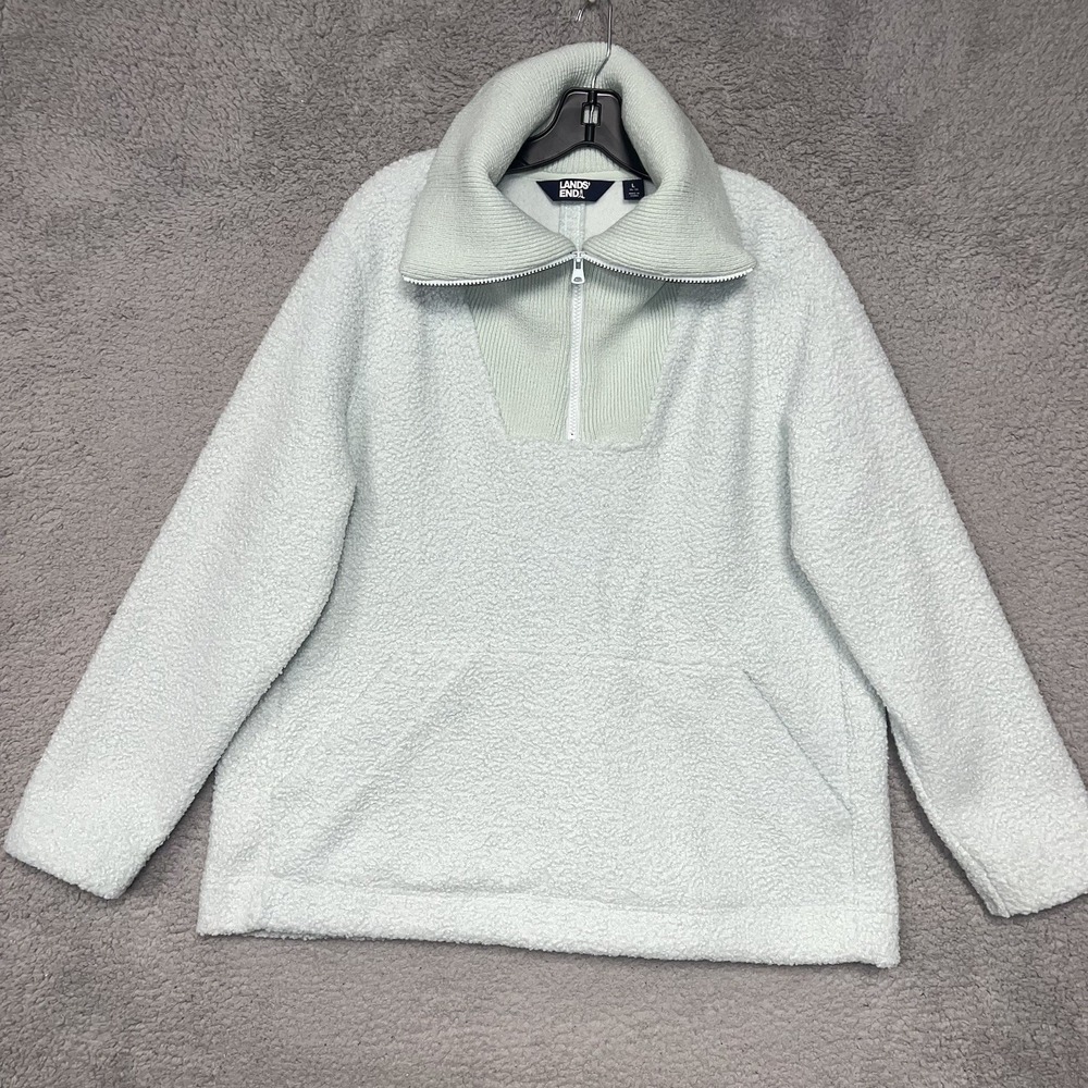 Lands End Sherpa Fleece Sweater Womens Sz L (14-16) Mint 1/4 Zip Kangaroo Pocket